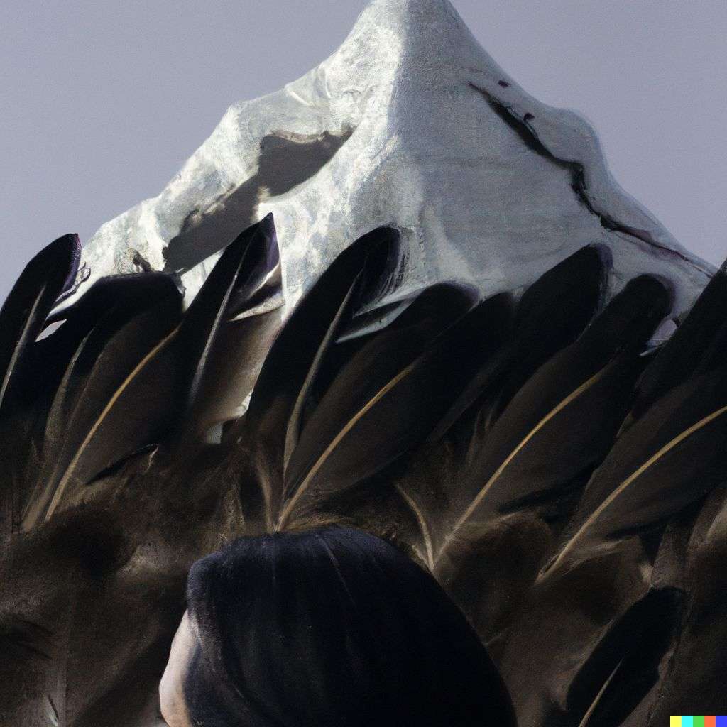 someone gazing at Mount Everest, made from feathers